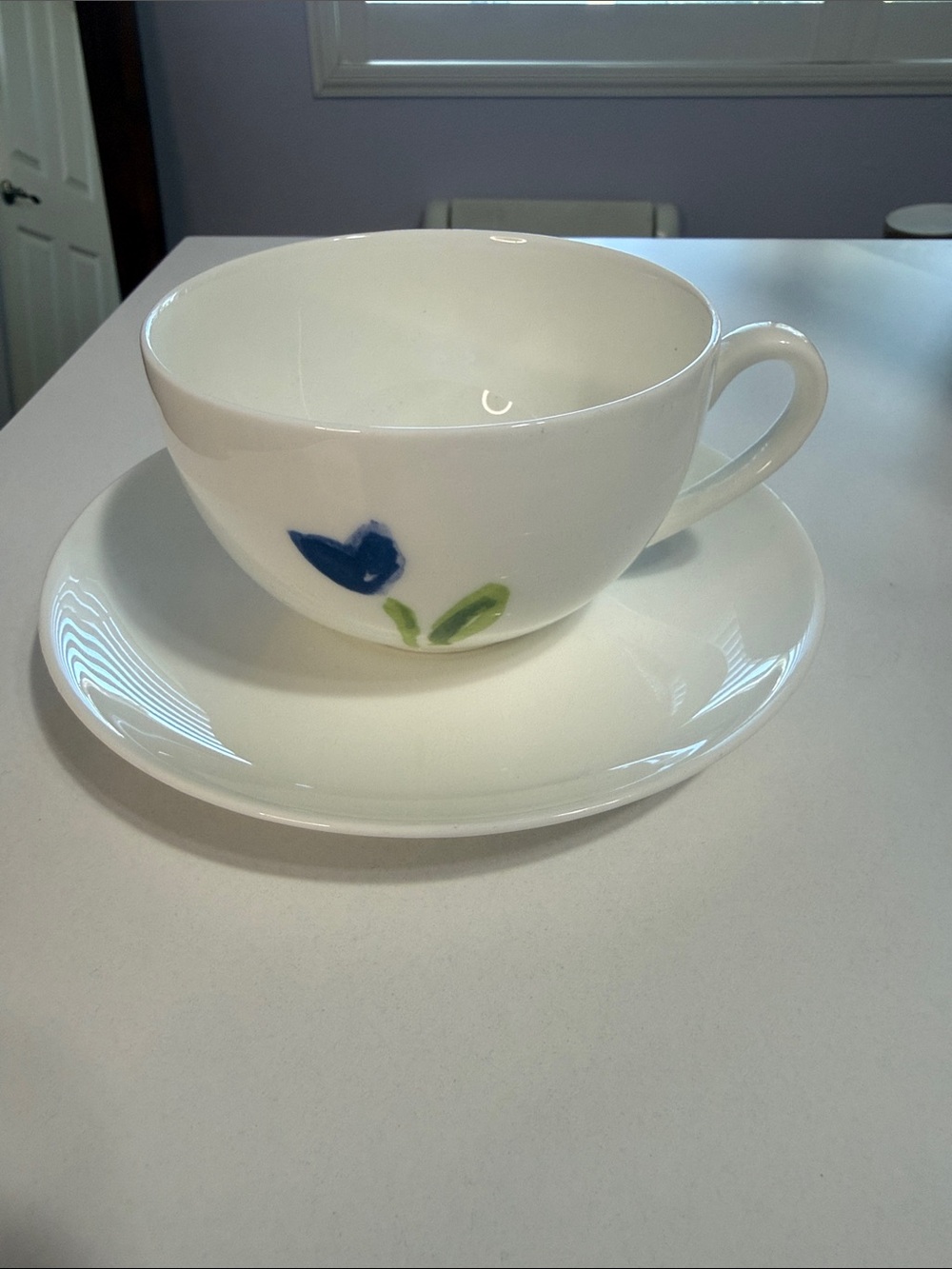 Crate&Barrel Anna’s Artistry Blue Flower Bone China Teacup and Saucer Set of Two - Picture 3 of 8